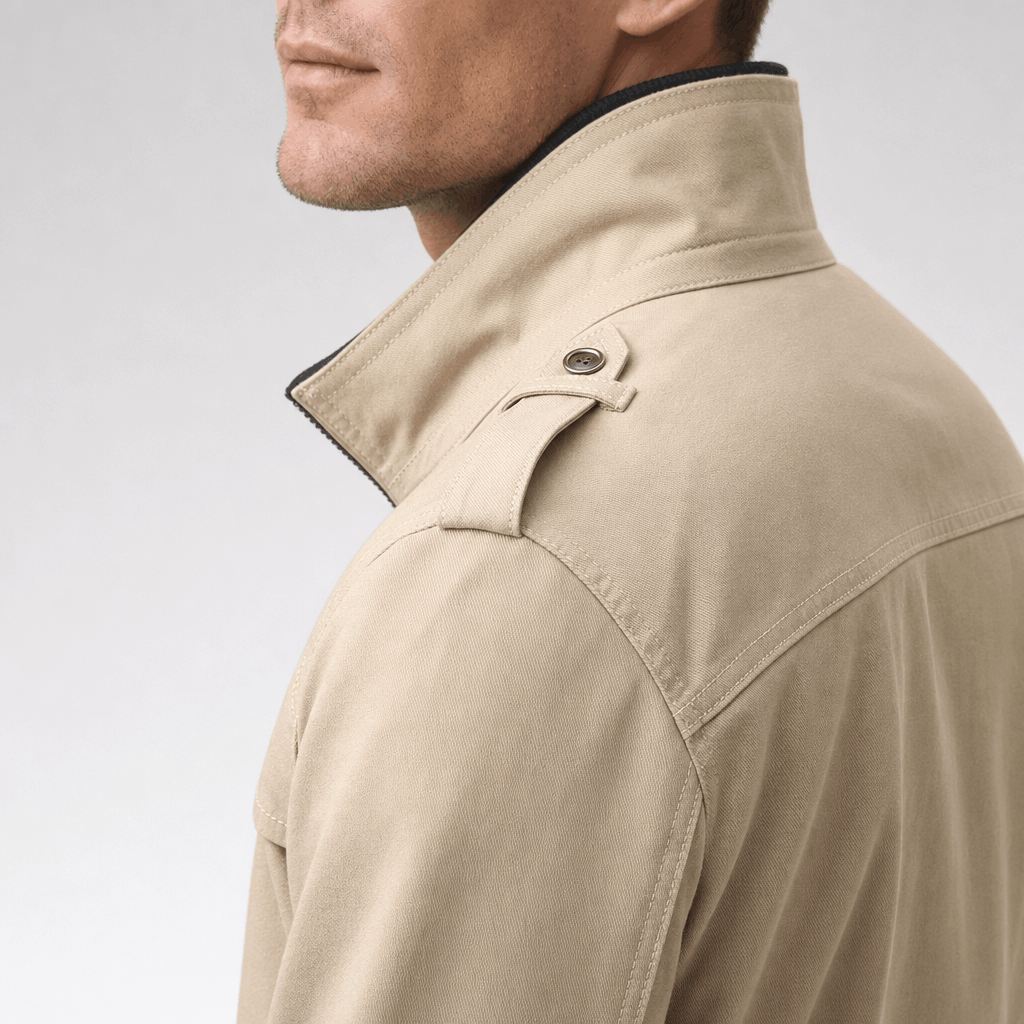 Detailed side view of the beige jacket, highlighting the raised collar, shoulder flap, and zipper.