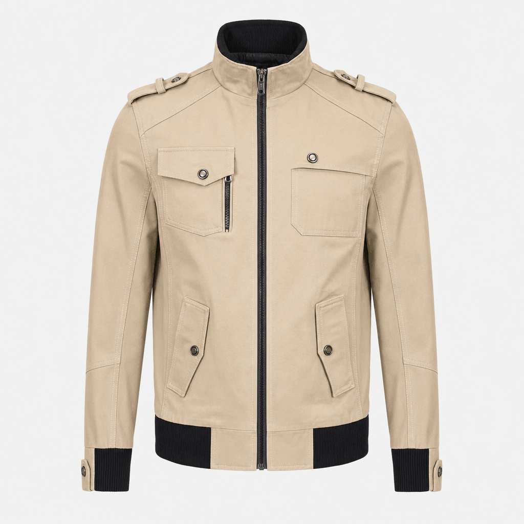 Beige utility-style jacket with a raised collar, full front zipper, chest pockets, and black trim details.
