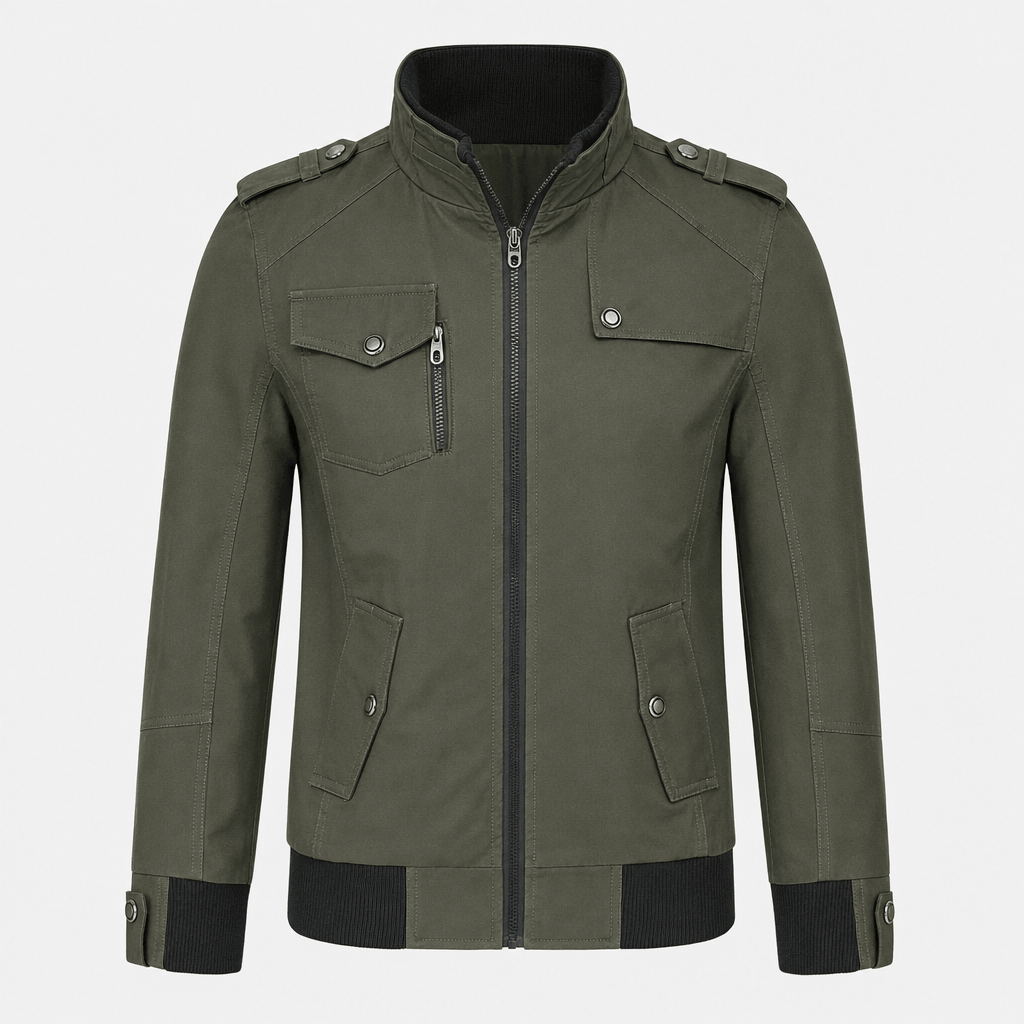 Olive green utility-style jacket with a raised collar, full front zipper, chest pockets, and black trim details.