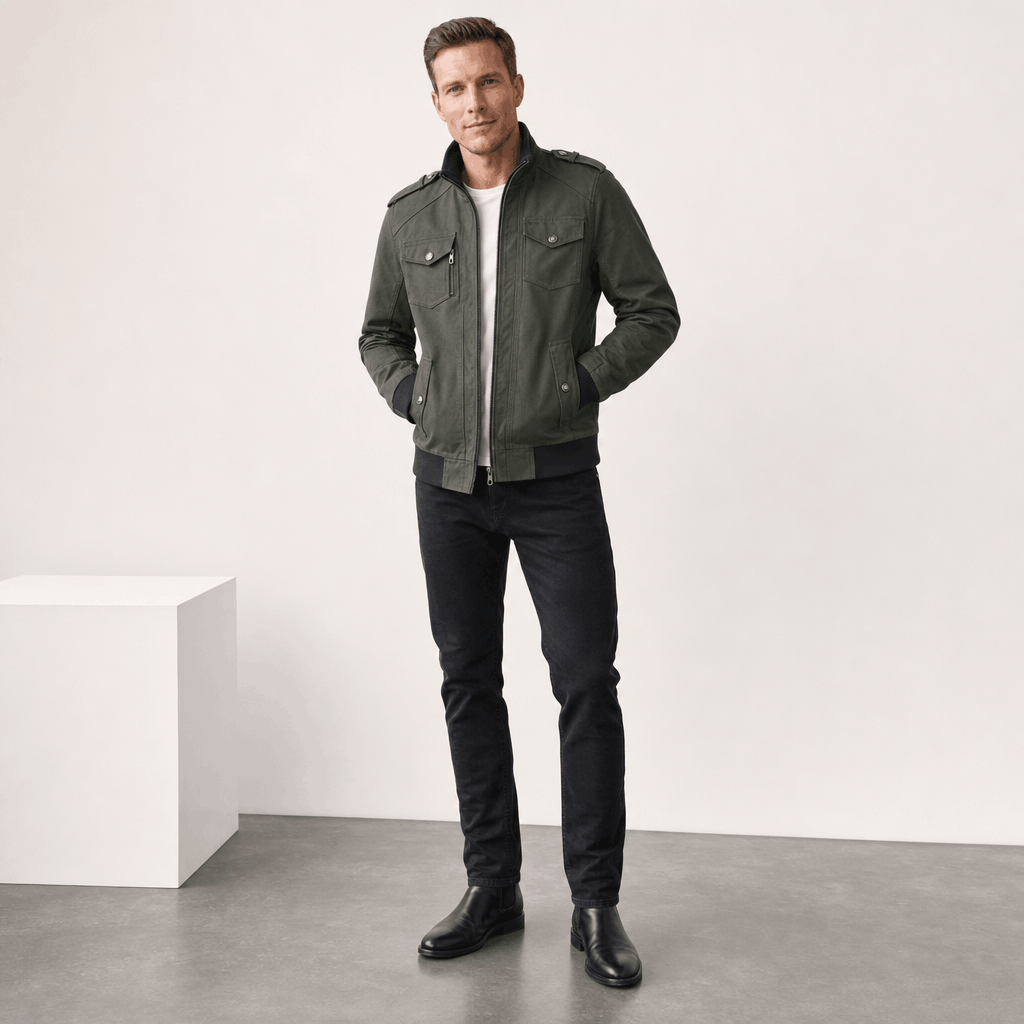 Male model wearing the olive green jacket with dark trousers and white sneakers.