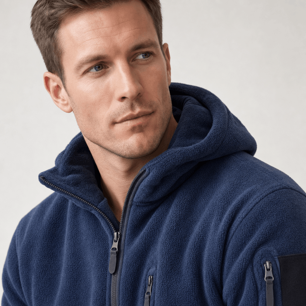 Male model wearing a navy blue hooded zip-up jacket, highlighting the hood and upper chest.