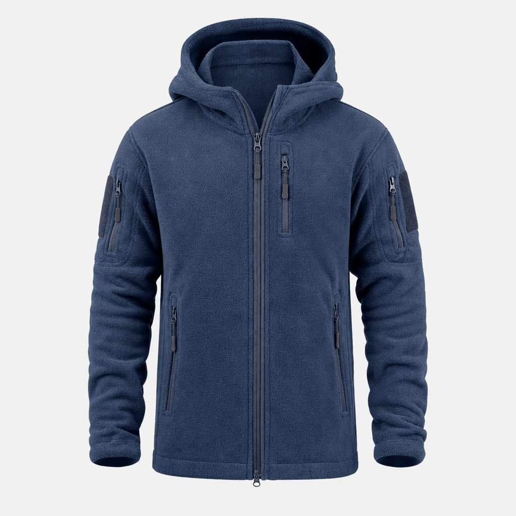 Navy blue hooded zip-up jacket with a full front zipper and zippered sleeve pocket.