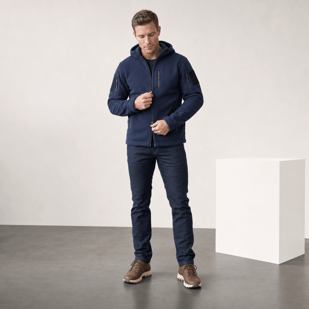 Male model wearing the navy blue hooded zip-up jacket with dark pants.