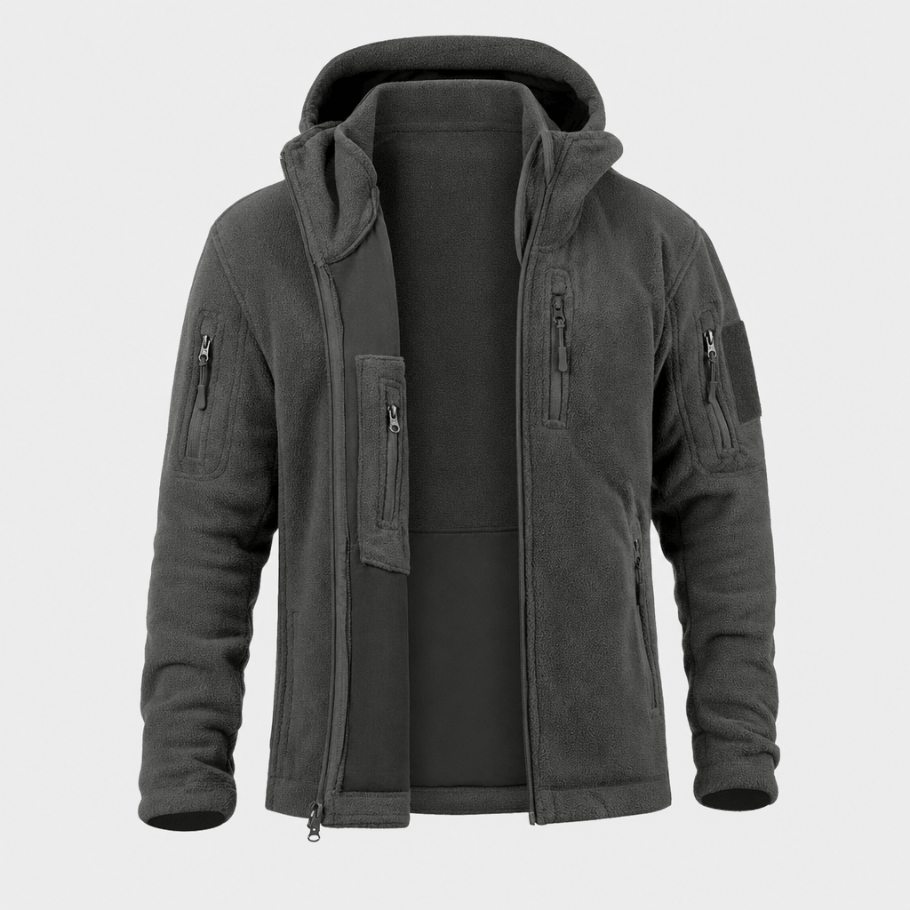 Dark charcoal hooded zip-up jacket with a full front zipper, zippered pockets, and a zippered sleeve pocket.