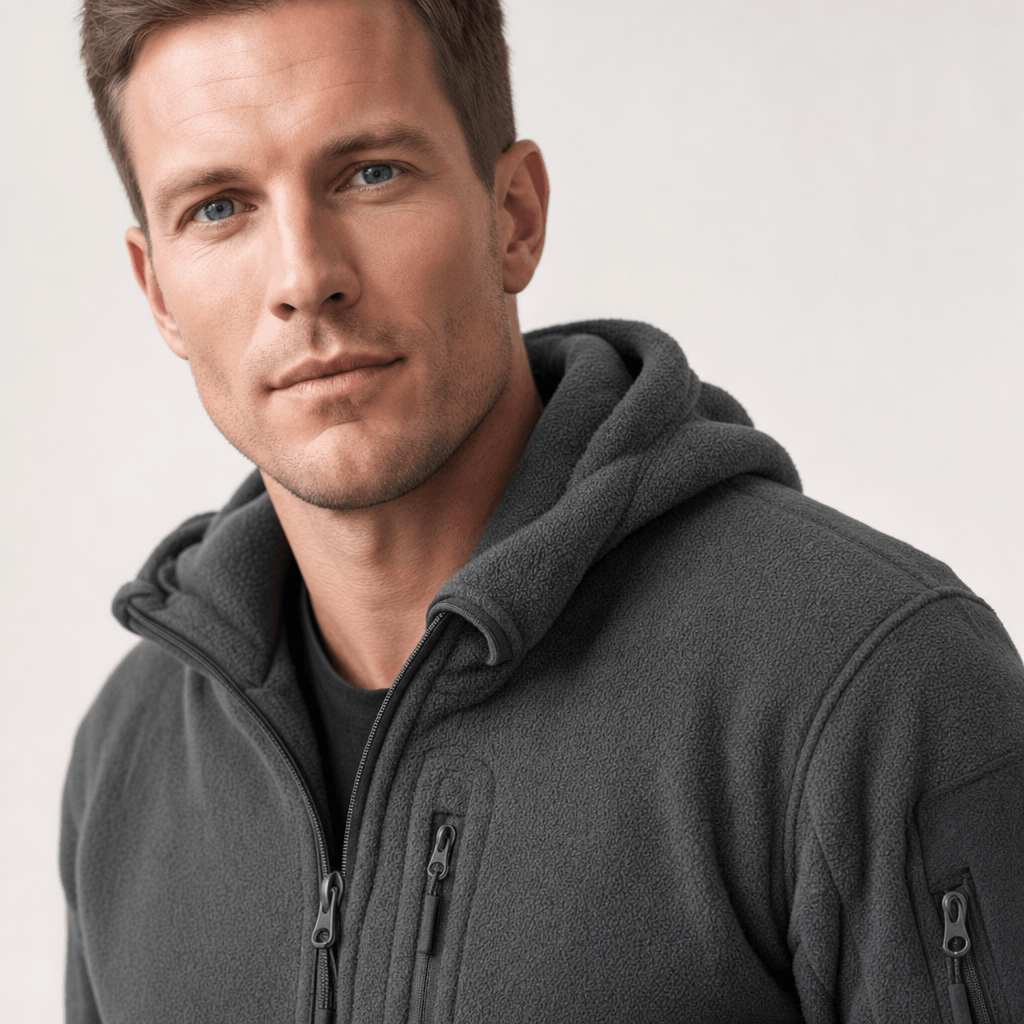 Detailed view of the dark charcoal jacket, highlighting the hood, zipper, and sleeve pocket.