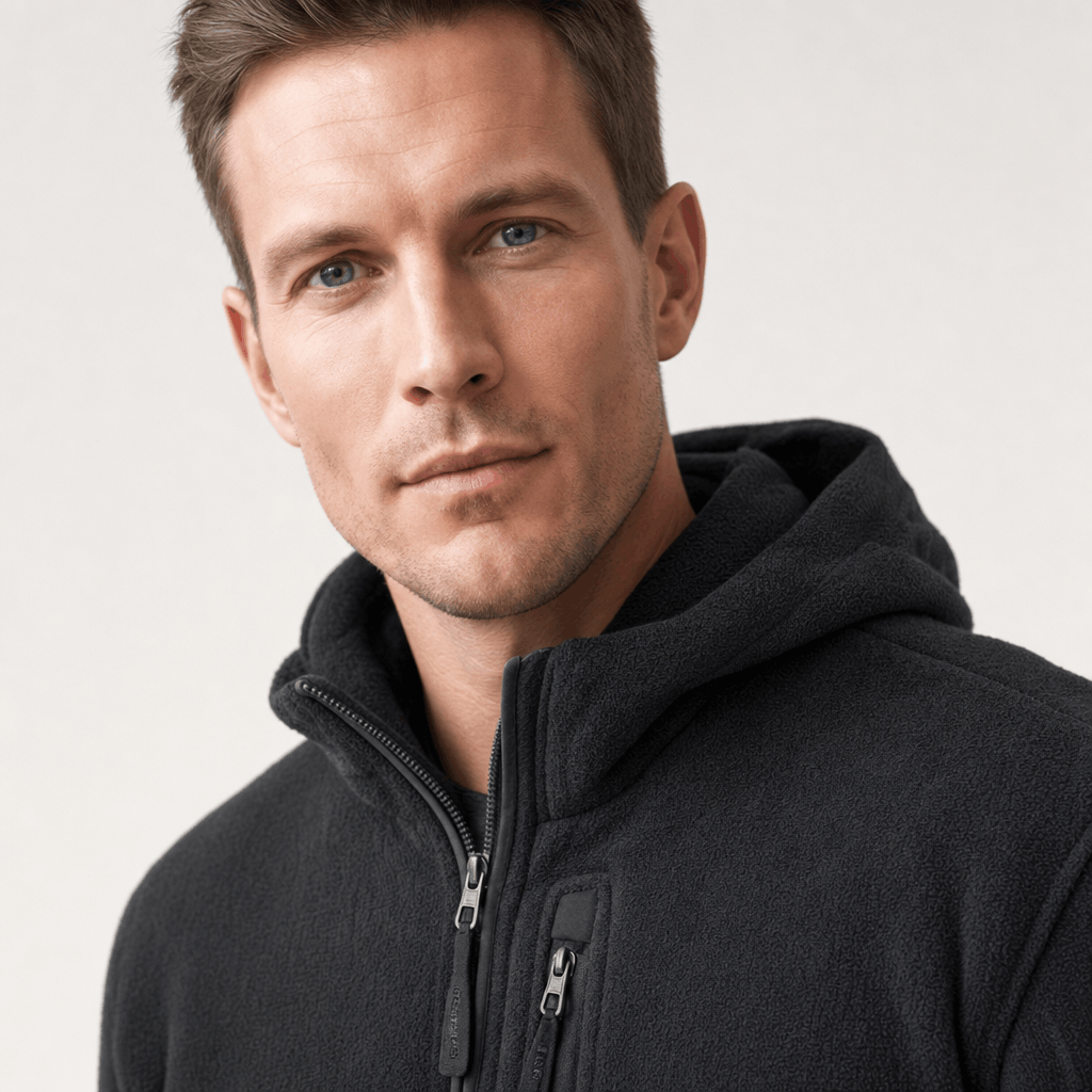 Detailed front view of the dark charcoal hooded jacket, highlighting the hood and zipper.