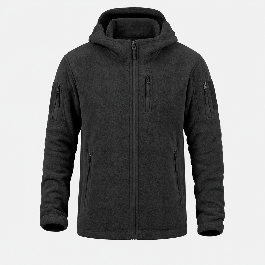 Black hooded zip-up jacket with a full front zipper and zippered pockets.