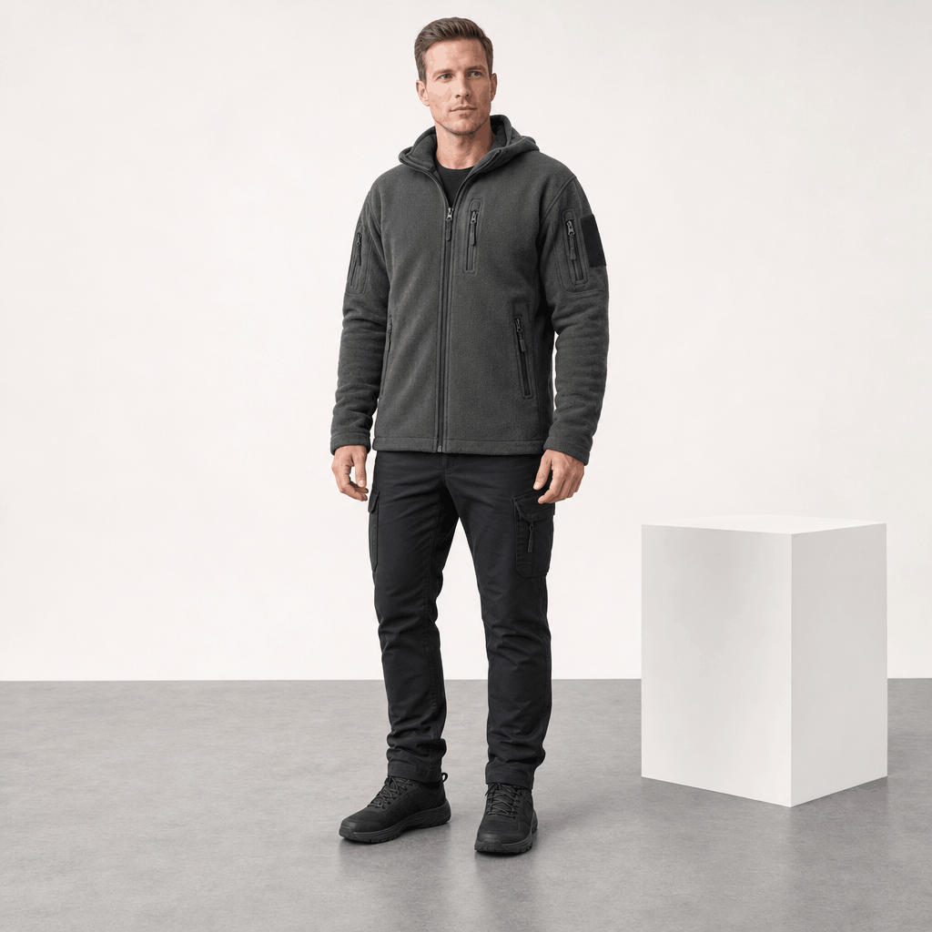 Male model wearing the black hooded zip-up jacket with dark pants.