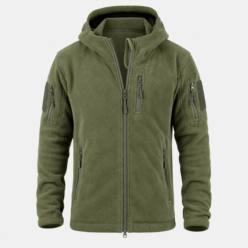 Olive green hooded zip-up jacket with a full front zipper and multiple zippered pockets.