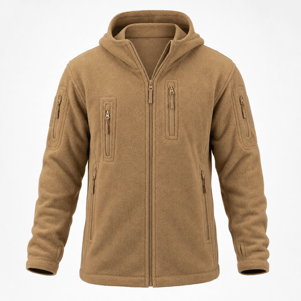 Tan hooded zip-up jacket with a full front zipper and zippered pockets.