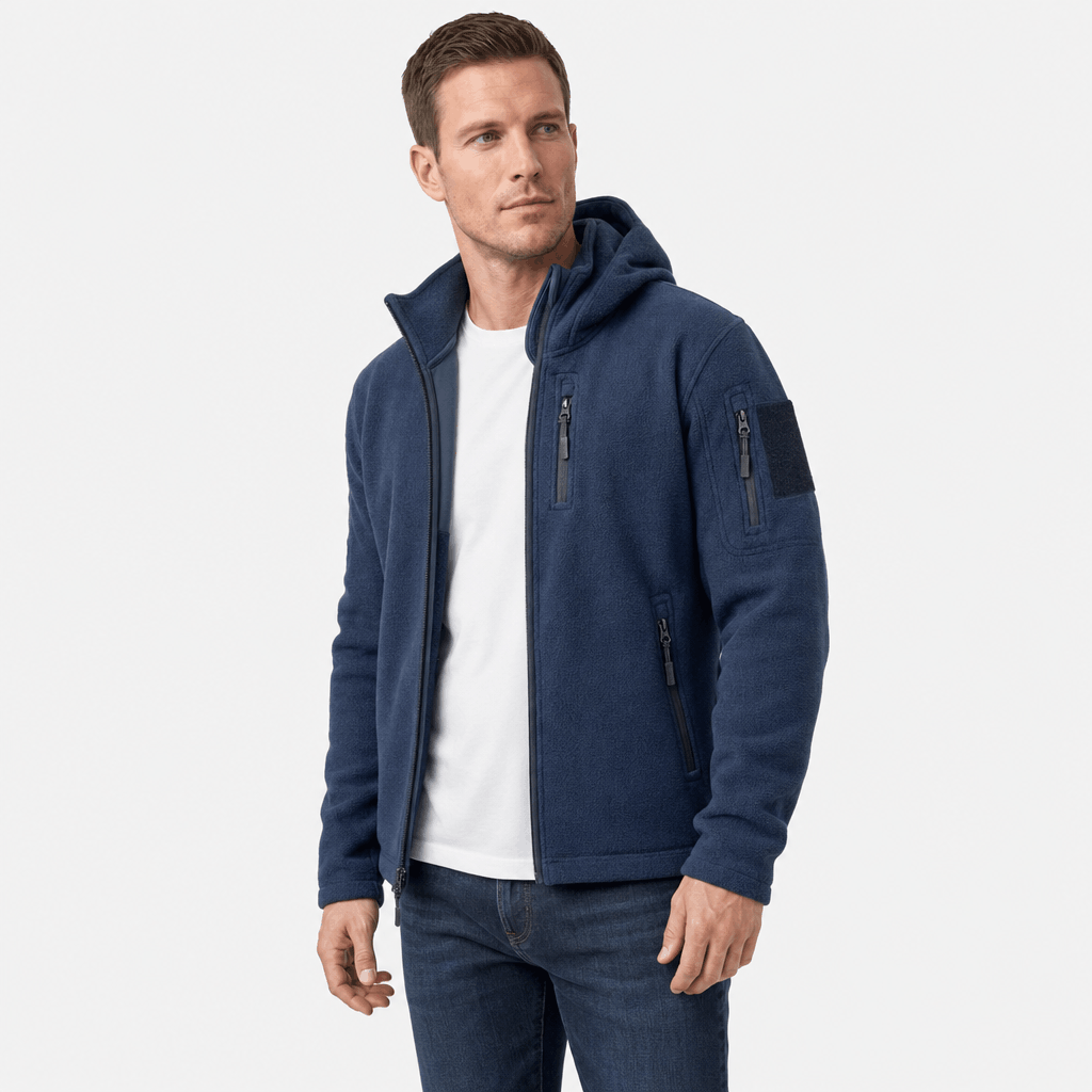 Male model wearing a navy blue hooded zip-up jacket.