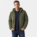 Male model wearing an olive green hooded zip-up jacket with zippered chest and sleeve pockets.