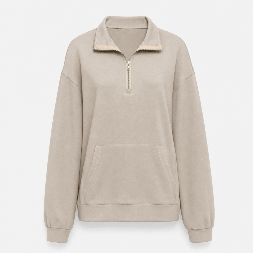 Front product view of the light taupe quarter-zip sweater with a raised collar and ribbed cuffs and hem.