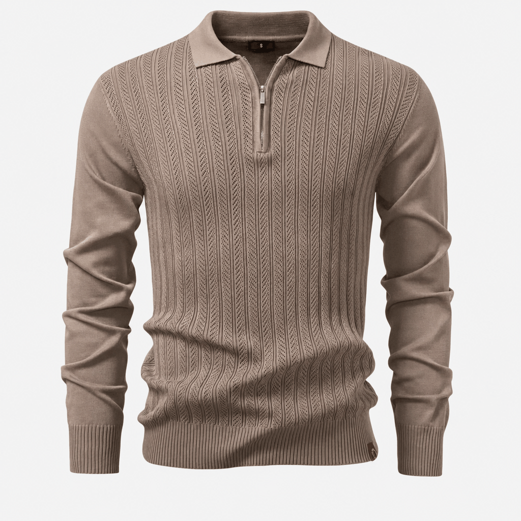 Taupe quarter-zip polo sweater featuring a textured openwork knit front, smooth sleeves, and ribbed trim.