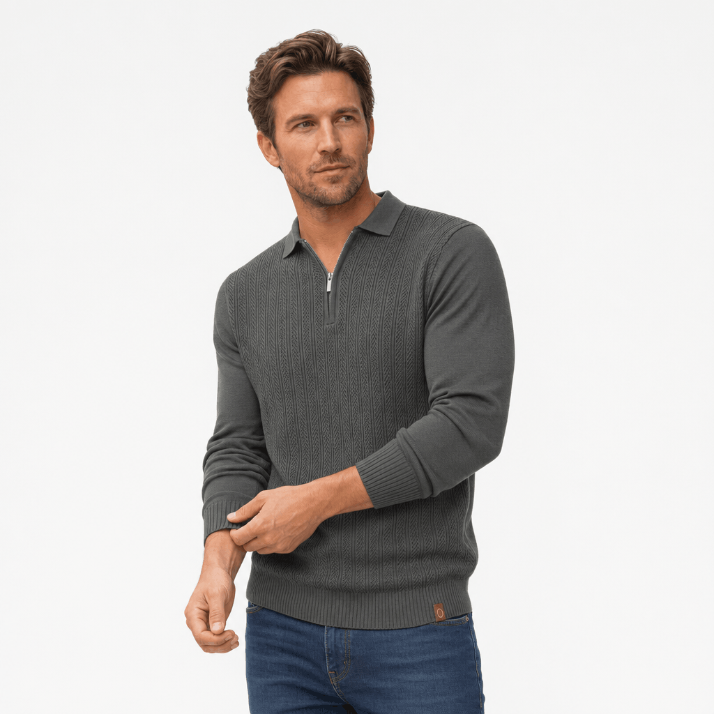 Charcoal quarter-zip polo sweater featuring a textured openwork knit front, smooth sleeves, and ribbed trim.
