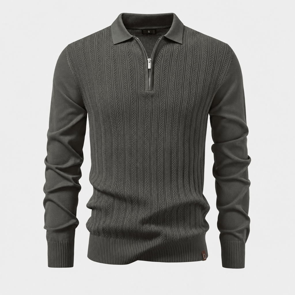 Charcoal quarter-zip polo sweater in textured openwork knit with smooth sleeves, ribbed trim, and a structured collar.