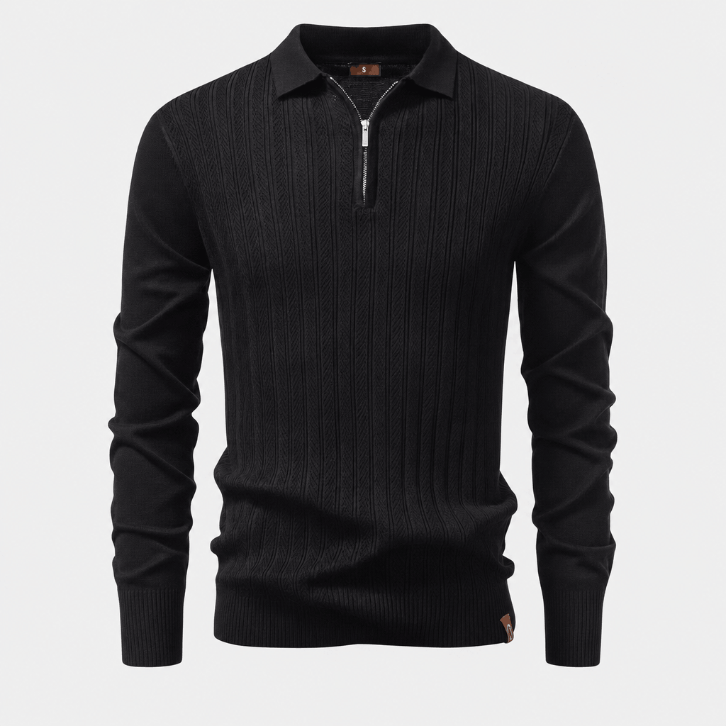 Black quarter-zip polo sweater in textured openwork knit with a collared neckline, smooth sleeves, and ribbed trim.