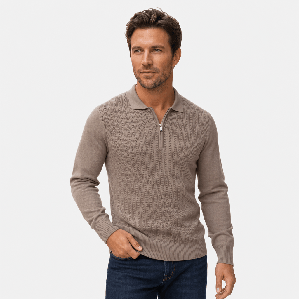 Taupe quarter-zip polo sweater featuring openwork knit panels, a structured collar, and smooth long sleeves.