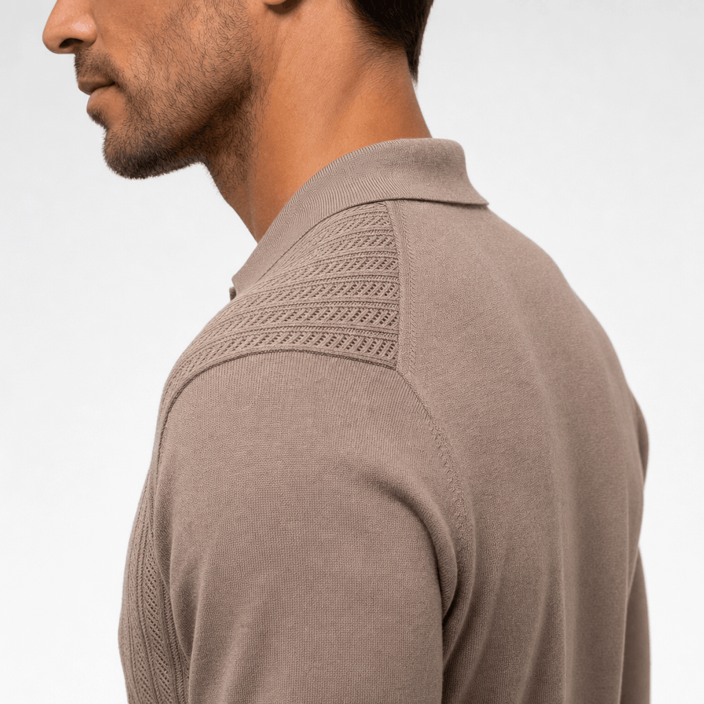 Taupe quarter-zip polo sweater featuring textured openwork knit panels and smooth sleeves in a refined viscose blend.
