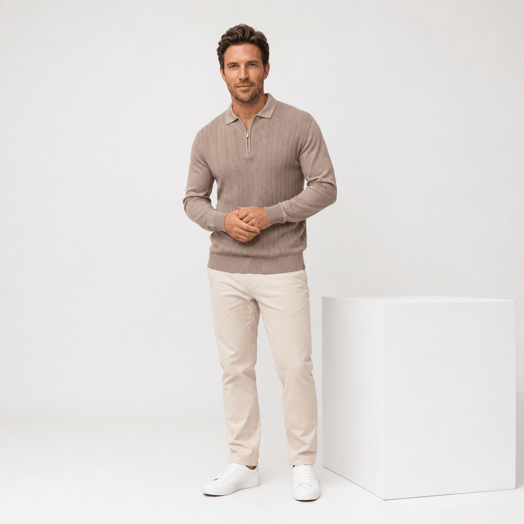 Taupe quarter-zip polo sweater in textured openwork knit with smooth sleeves, ribbed trim, and a structured collar.