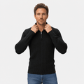 Black quarter-zip polo sweater in textured openwork knit with a collared neck, ribbed trim, and smooth sleeves.
