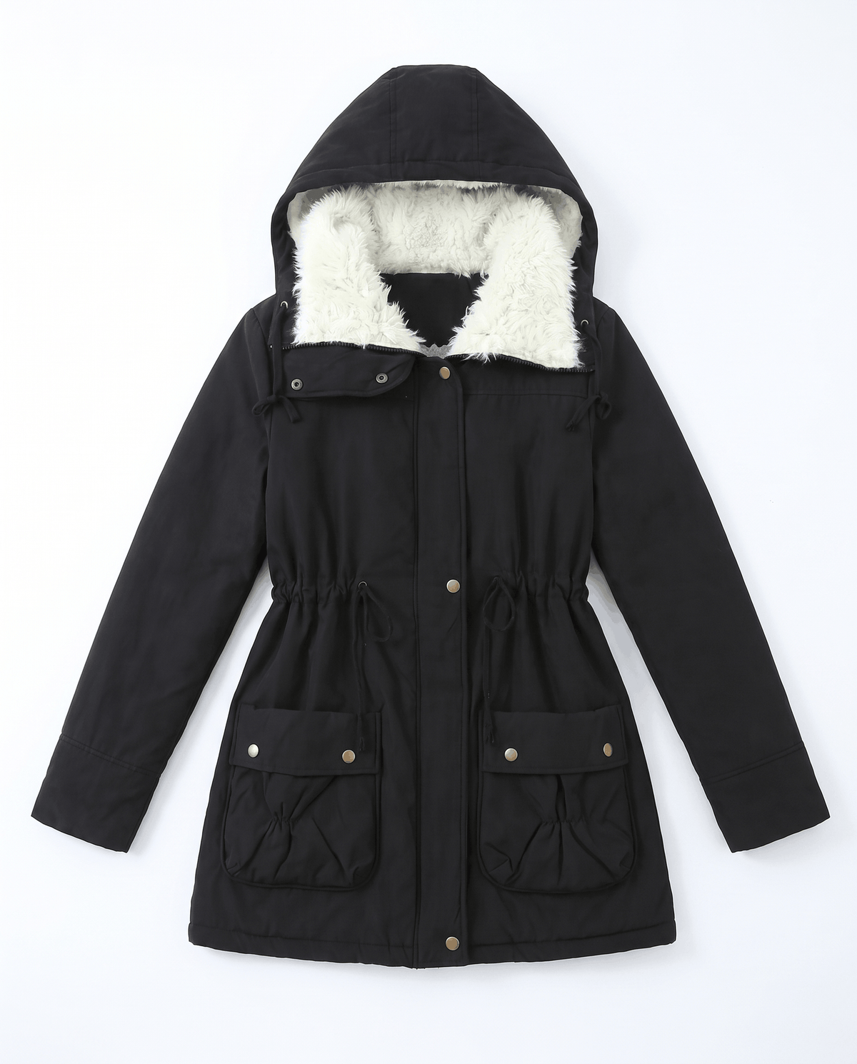 A black mid-length parka jacket for women with a fur-trimmed hood, drawstring waist, and front pockets, shown flat