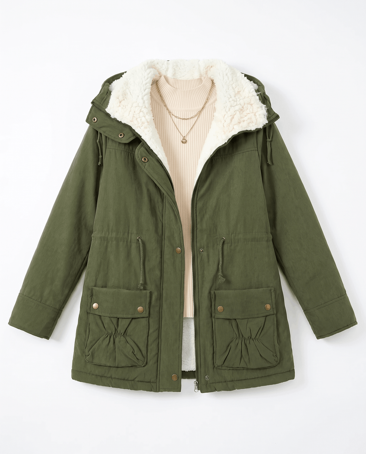 An olive green mid-length parka jacket for women with a fur-trimmed hood, drawstring waist, and front pockets, shown flat