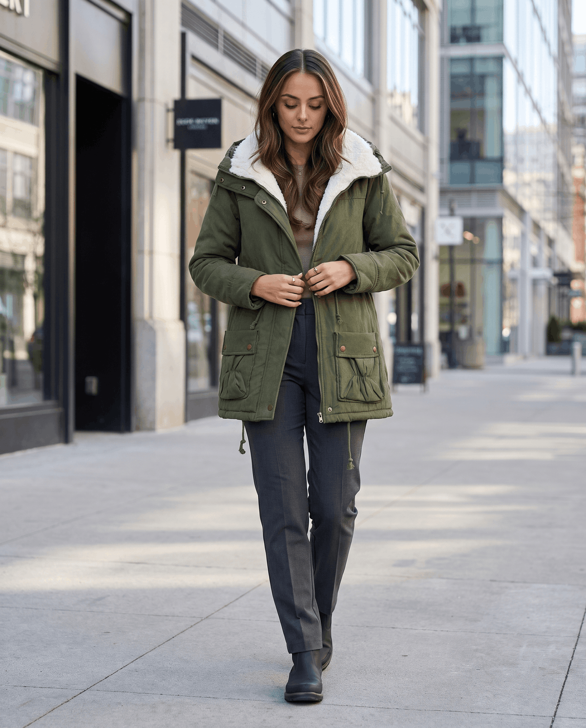 A woman wearing an olive green mid-length parka jacket with a fur-trimmed hood and drawstring waist, walking on a city street