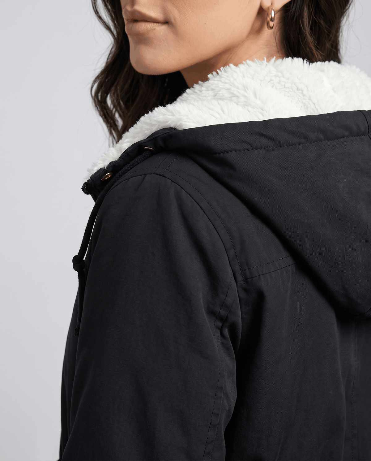 Close-up of a woman wearing a black parka jacket, showing the fur-trimmed hood and shoulder detail