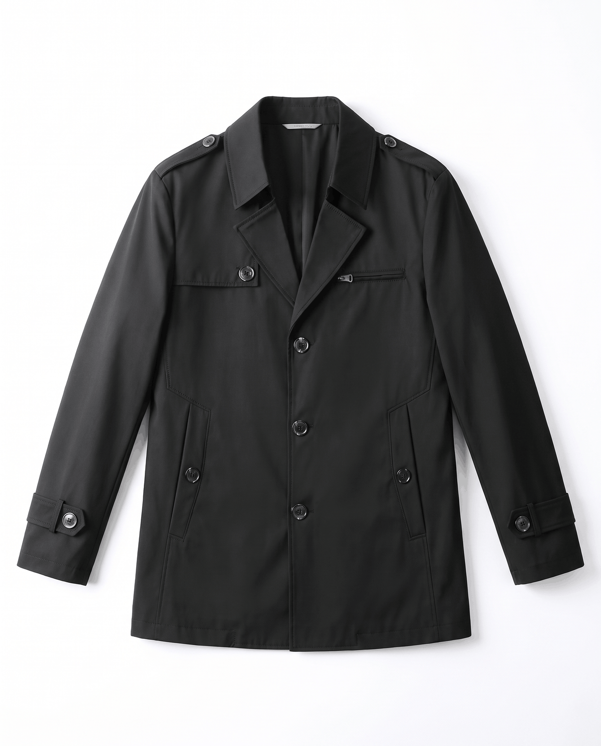A black mid-length single-breasted trench coat with a lightweight design and button front, shown flat