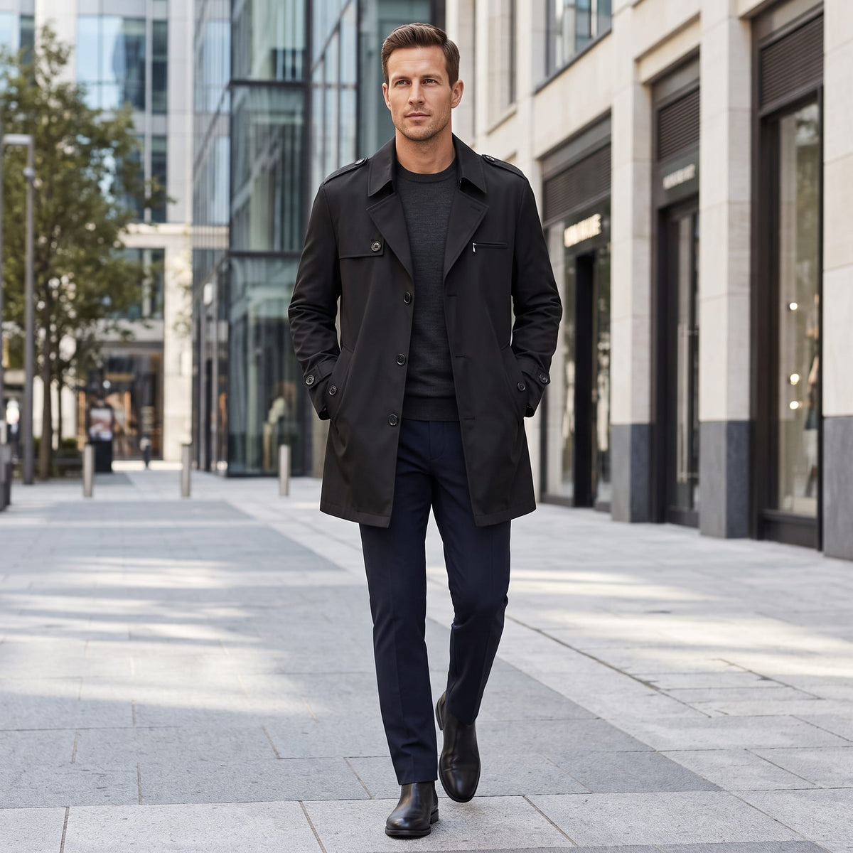 A man wearing a black mid-length single-breasted trench coat with a button front, walking on a city street