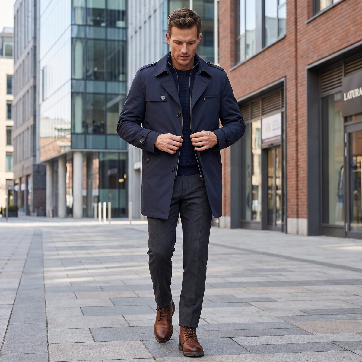 A man wearing a navy blue mid-length single-breasted trench coat with a button front, walking on a city street