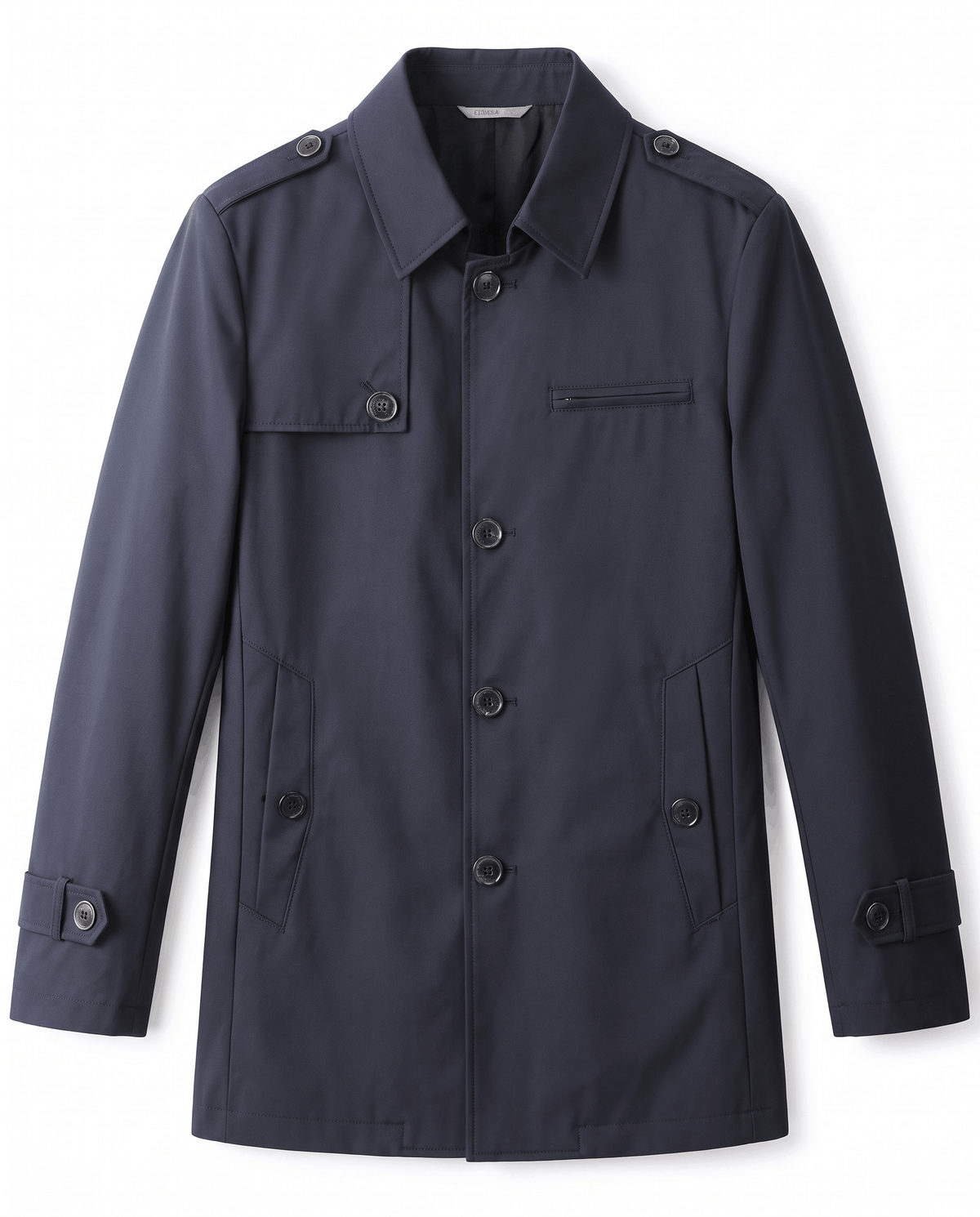A navy blue mid-length single-breasted trench coat with a lightweight design and button front, shown flat