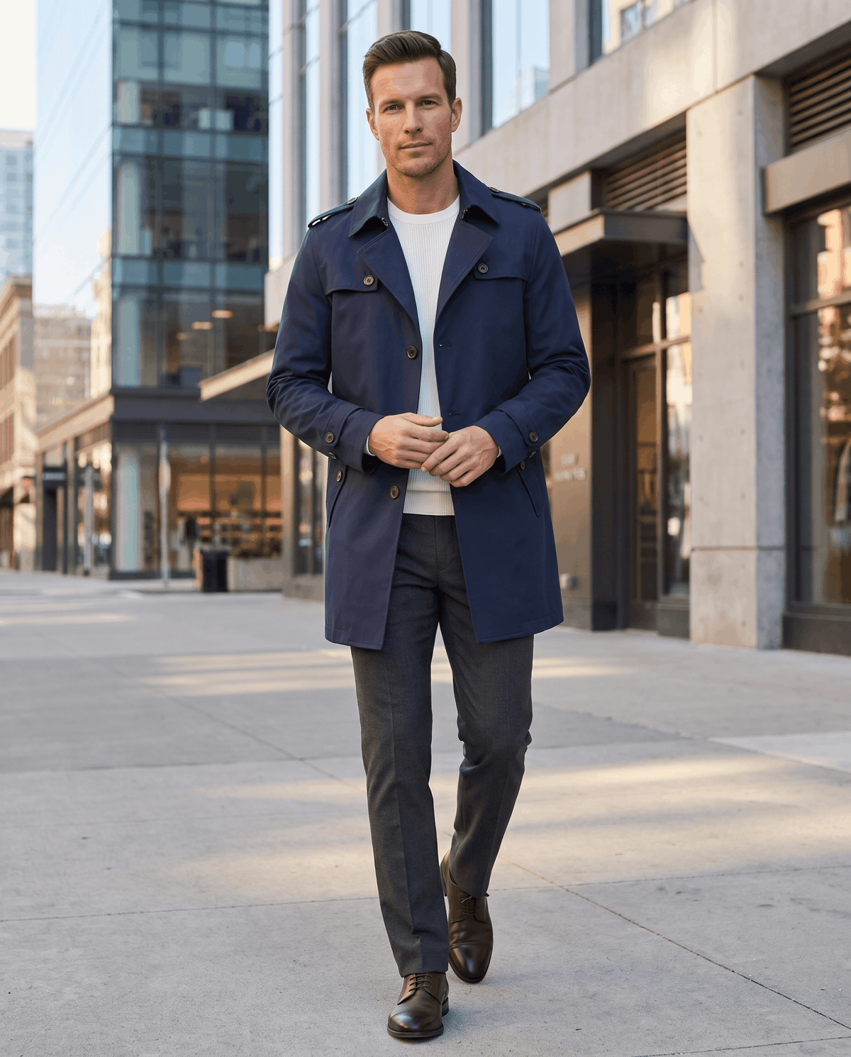 A man wearing a navy blue mid-length single-breasted trench coat with a button front, walking on a city street