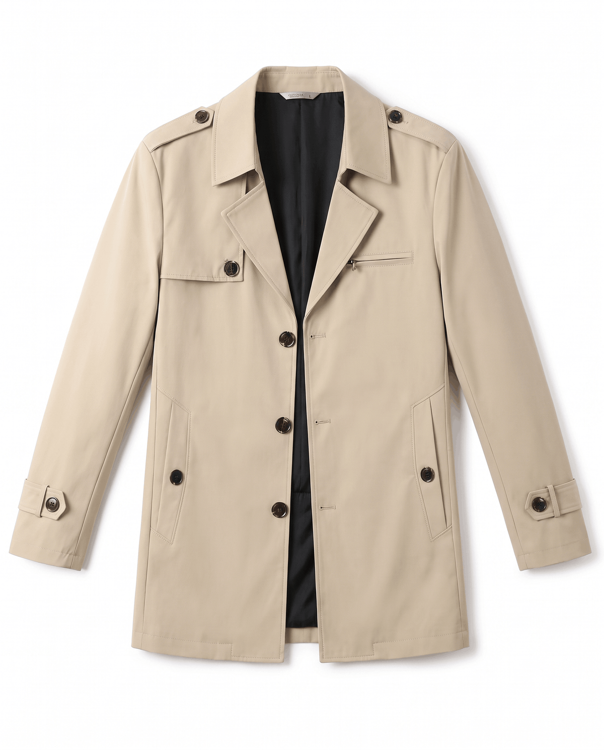 A beige mid-length single-breasted trench coat with a lightweight design and button front, shown flat