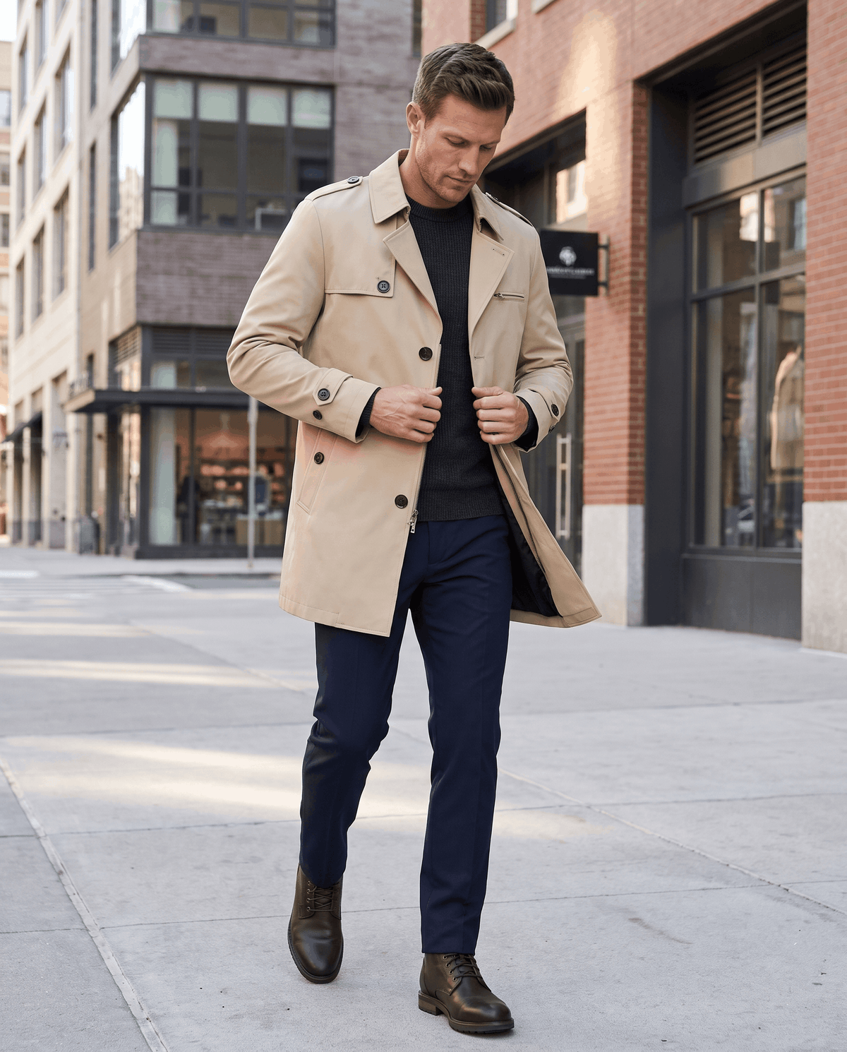 A man wearing a beige mid-length single-breasted trench coat with a button front, walking on a city street
