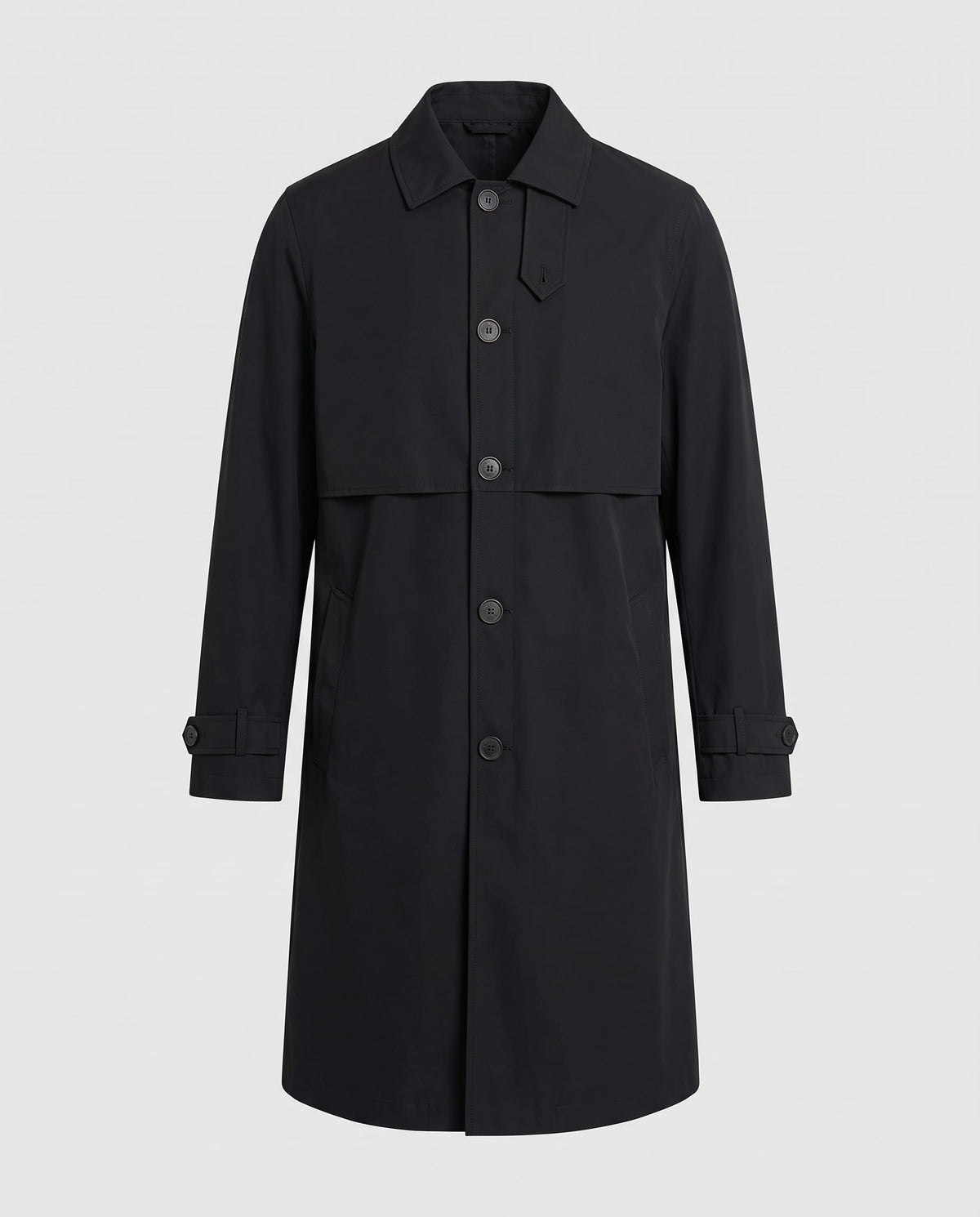A black mid-length single-breasted trench coat with clean lines and a button front, shown flat