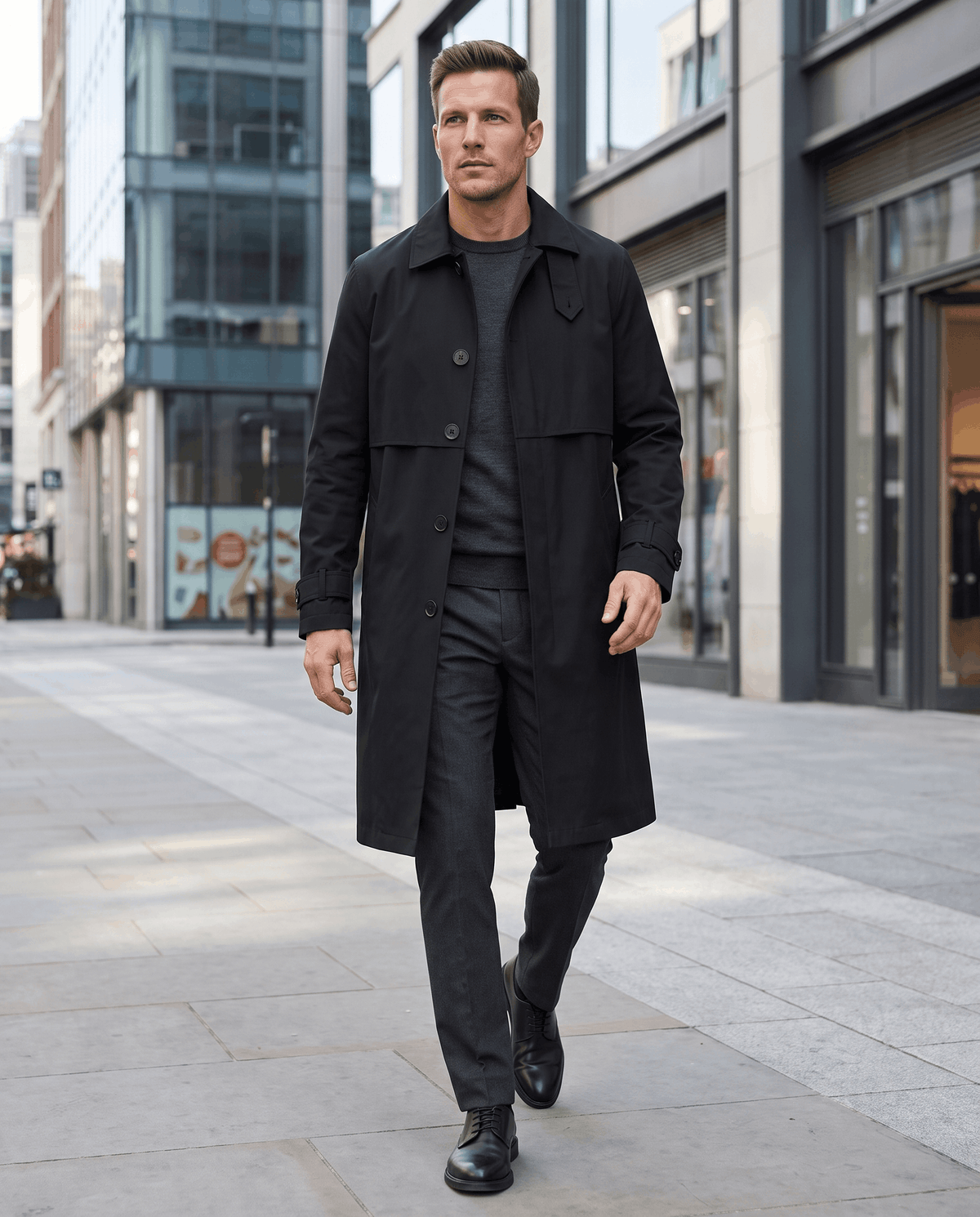 A man wearing a black mid-length single-breasted trench coat with clean lines and a button front, walking on a city street