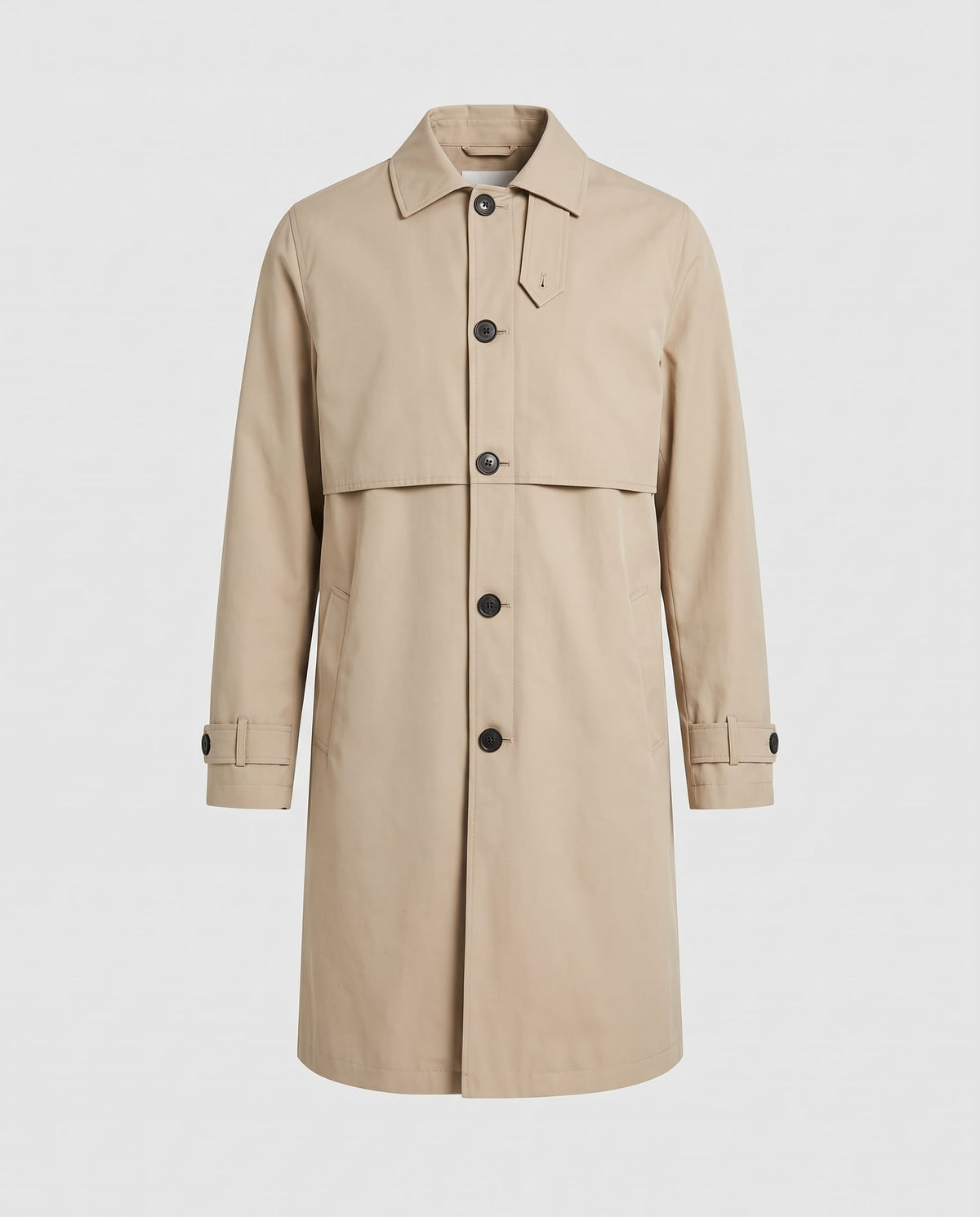 A beige mid-length single-breasted trench coat with clean lines and a button front, shown flat