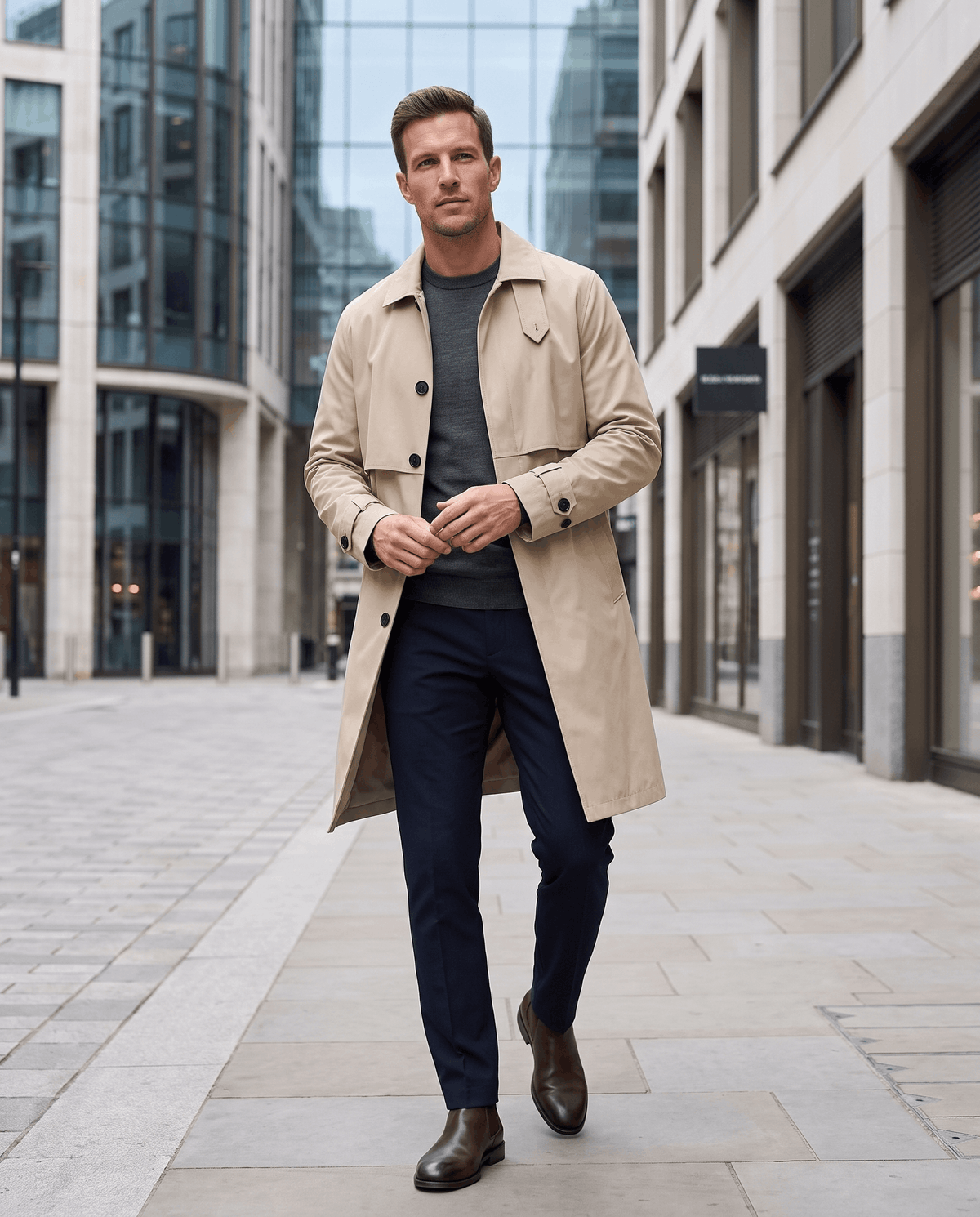 A man wearing a beige mid-length single-breasted trench coat with a button front, walking on a city street