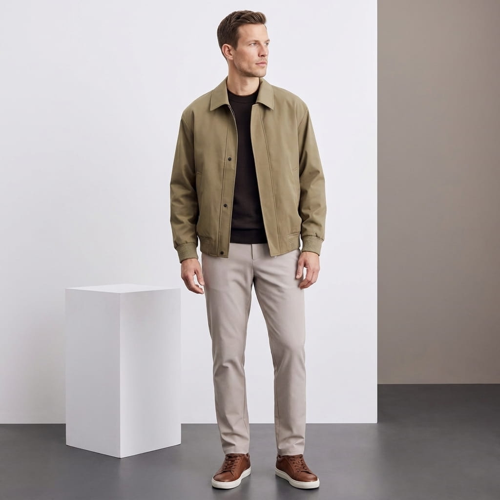 Full-body male model wearing the khaki jacket with light trousers.