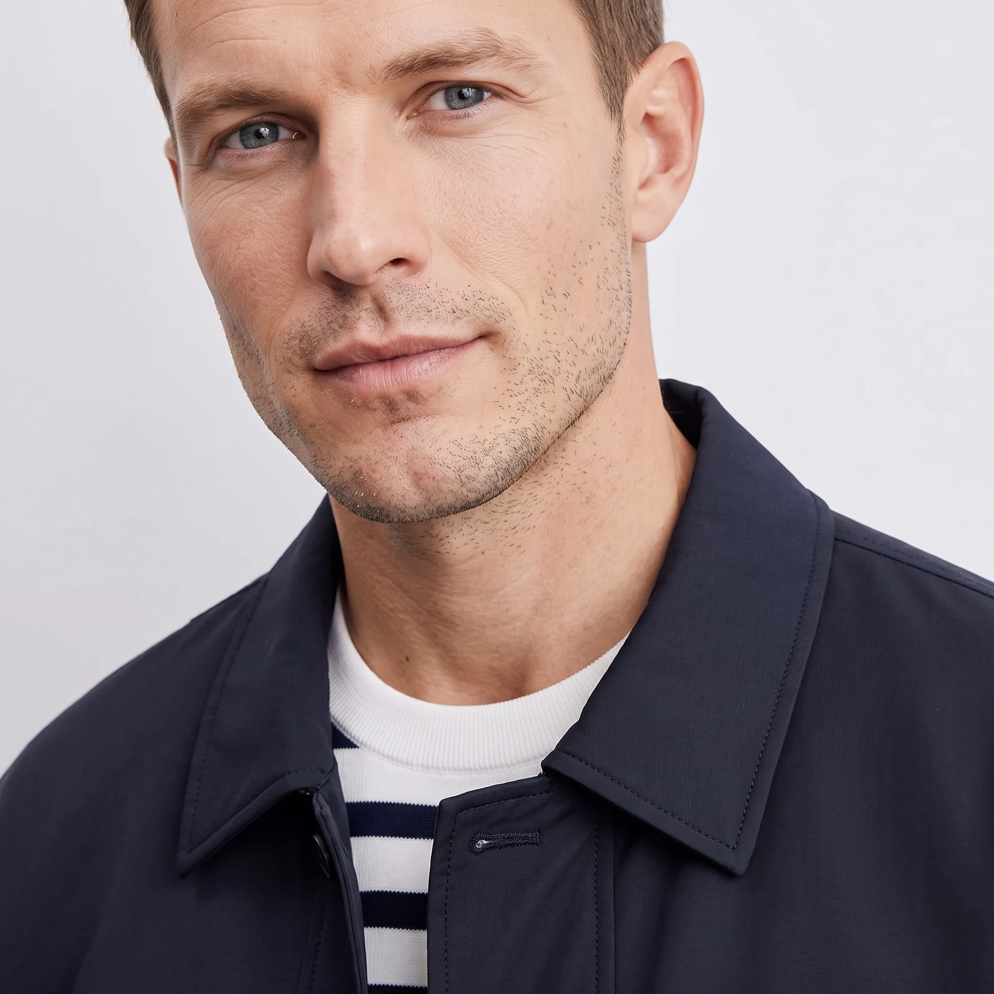 Close-up portrait of the male model wearing a navy collared jacket over a striped shirt.
