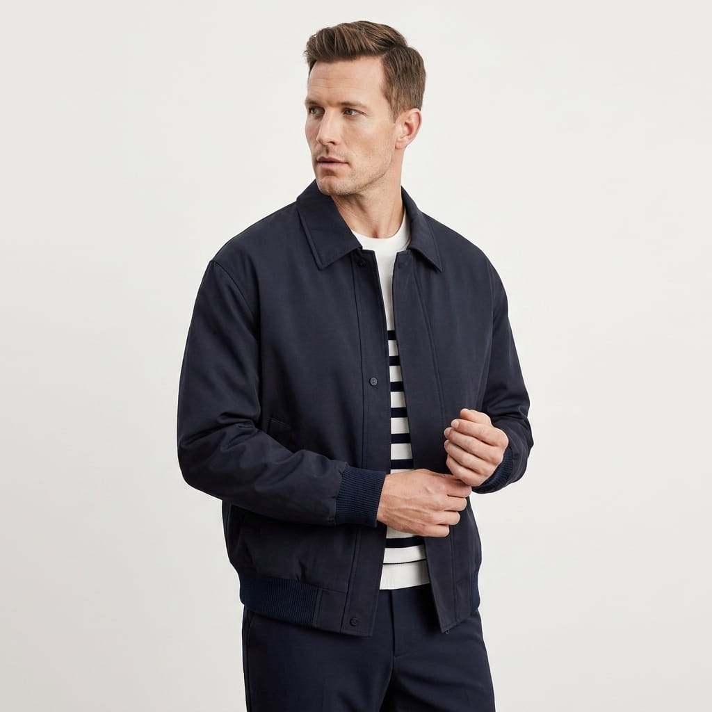 Male model wearing the navy jacket, standing and adjusting the front of the jacket.