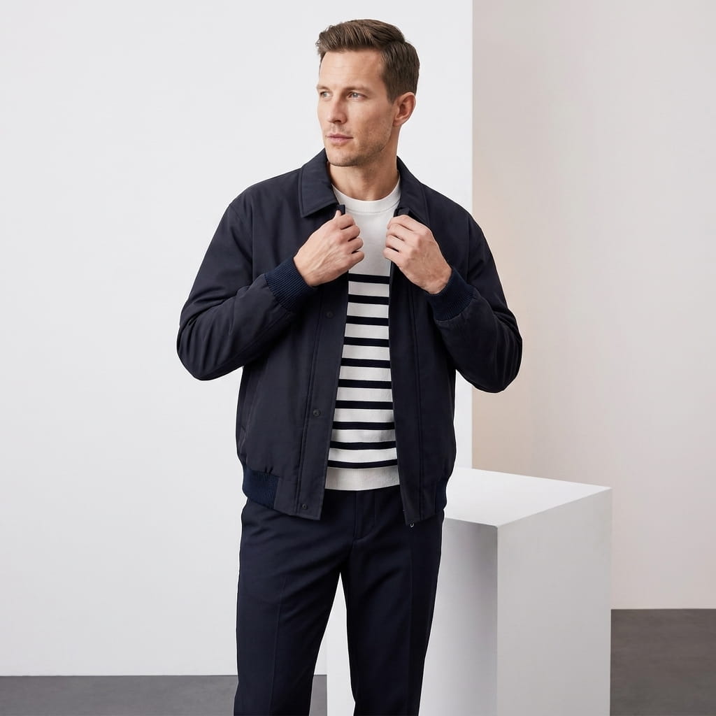 Front product view of a navy zip-up collared jacket on a plain background.
