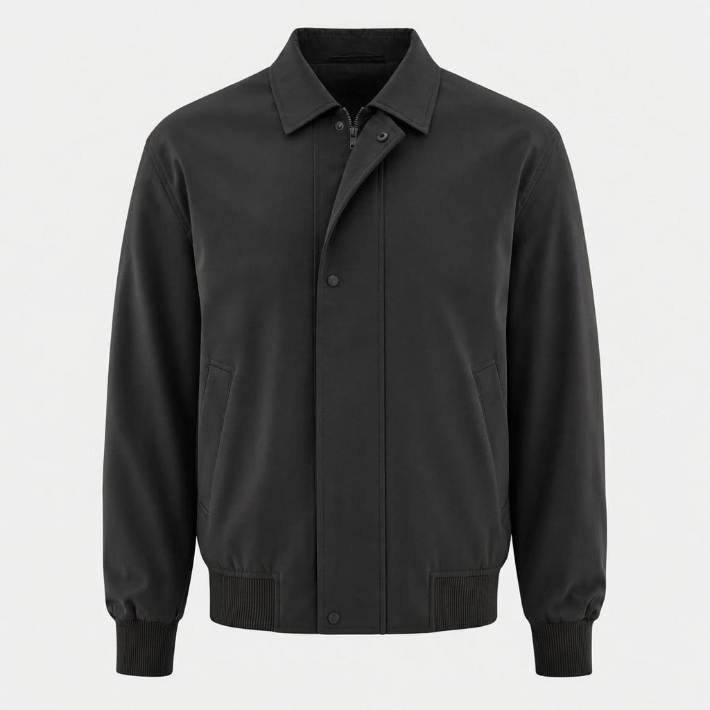 Front product view of a black zip-up collared jacket on a plain background.