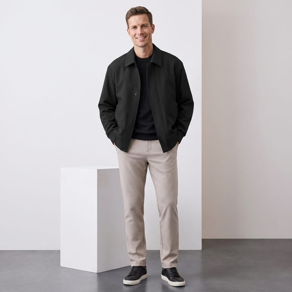 Full-body male model wearing the black jacket with light trousers beside a white pedestal.