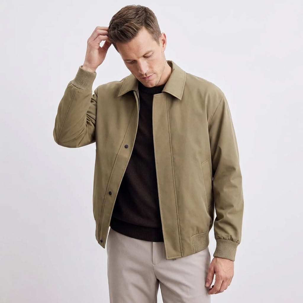 Male model wearing a khaki collared jacket over a dark shirt, adjusting his hair.