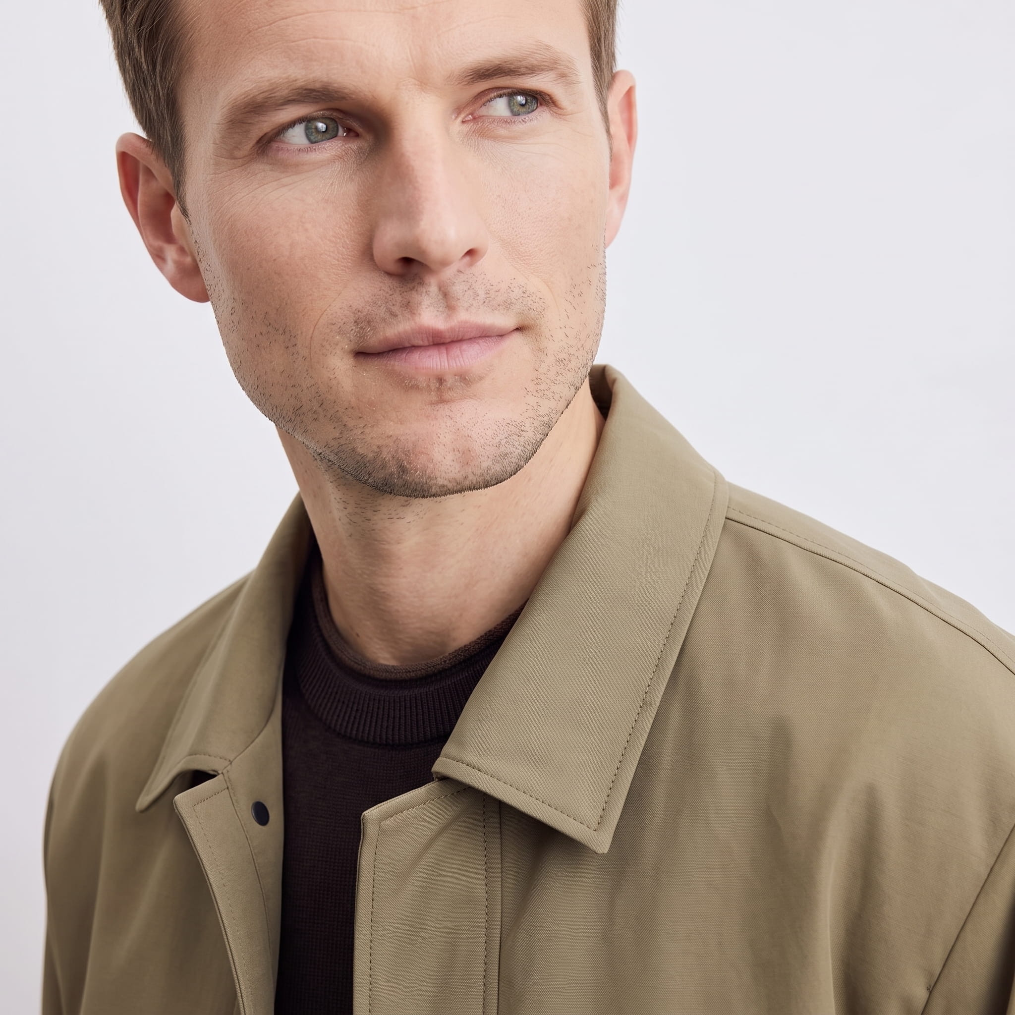 Close-up portrait of the male model wearing the khaki jacket.
