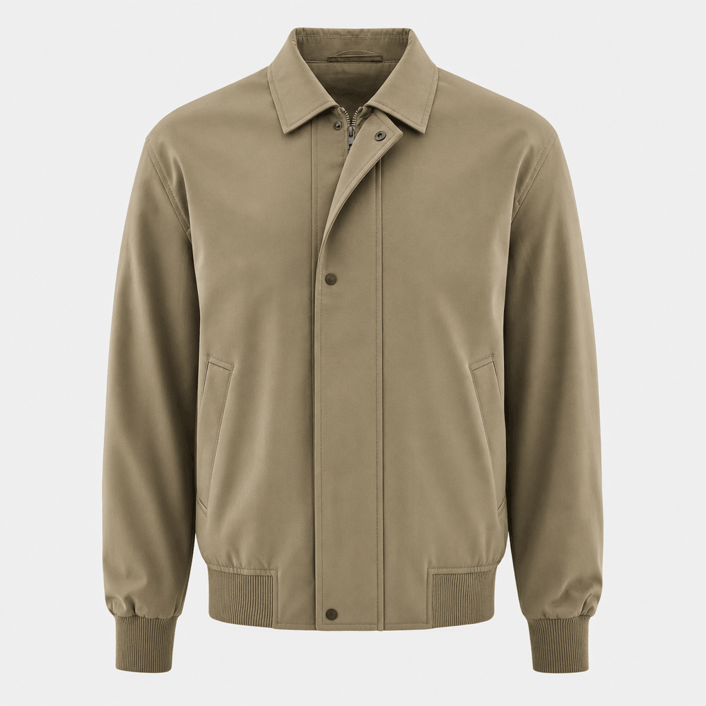 Front product view of a khaki zip-up collared jacket on a plain background.