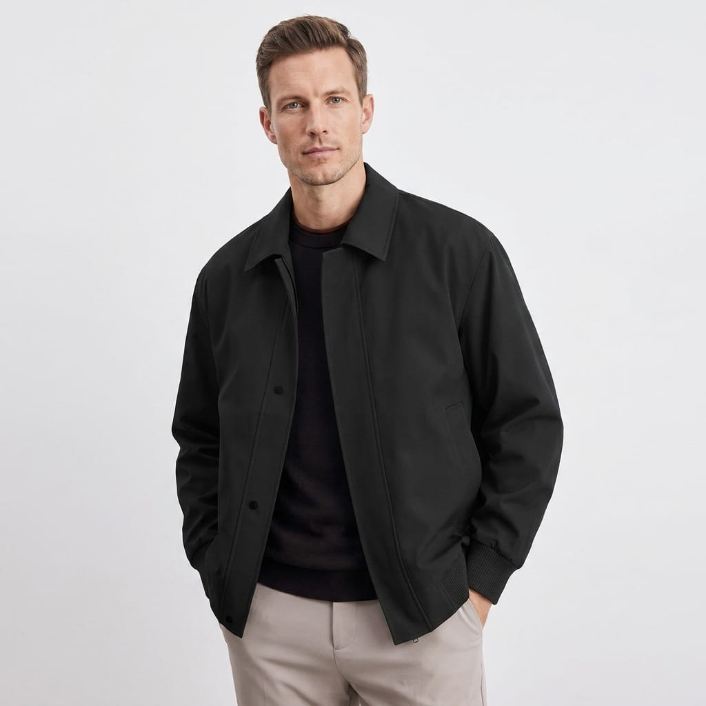 Male model wearing a black collared jacket over a black shirt and light trousers, standing with hands in pockets.